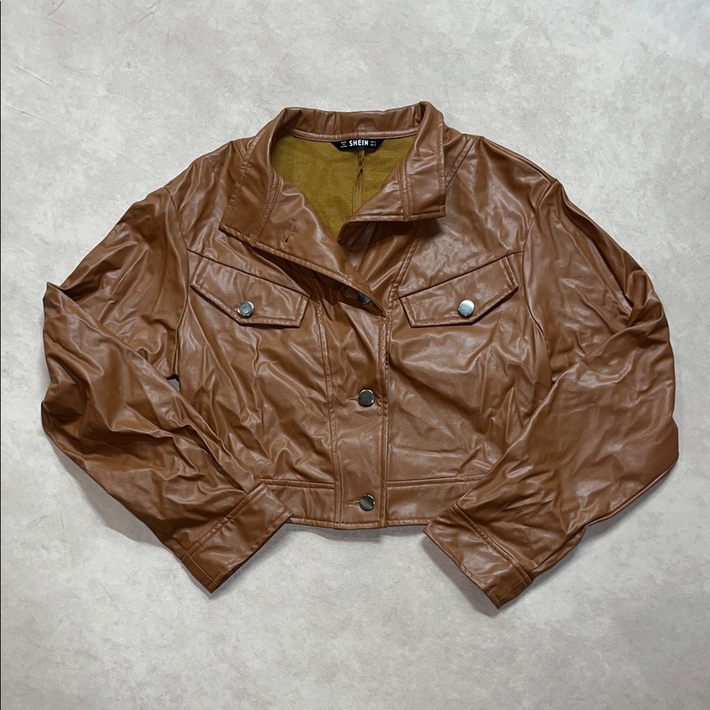 Tan Faux Leather Cropped Jacket